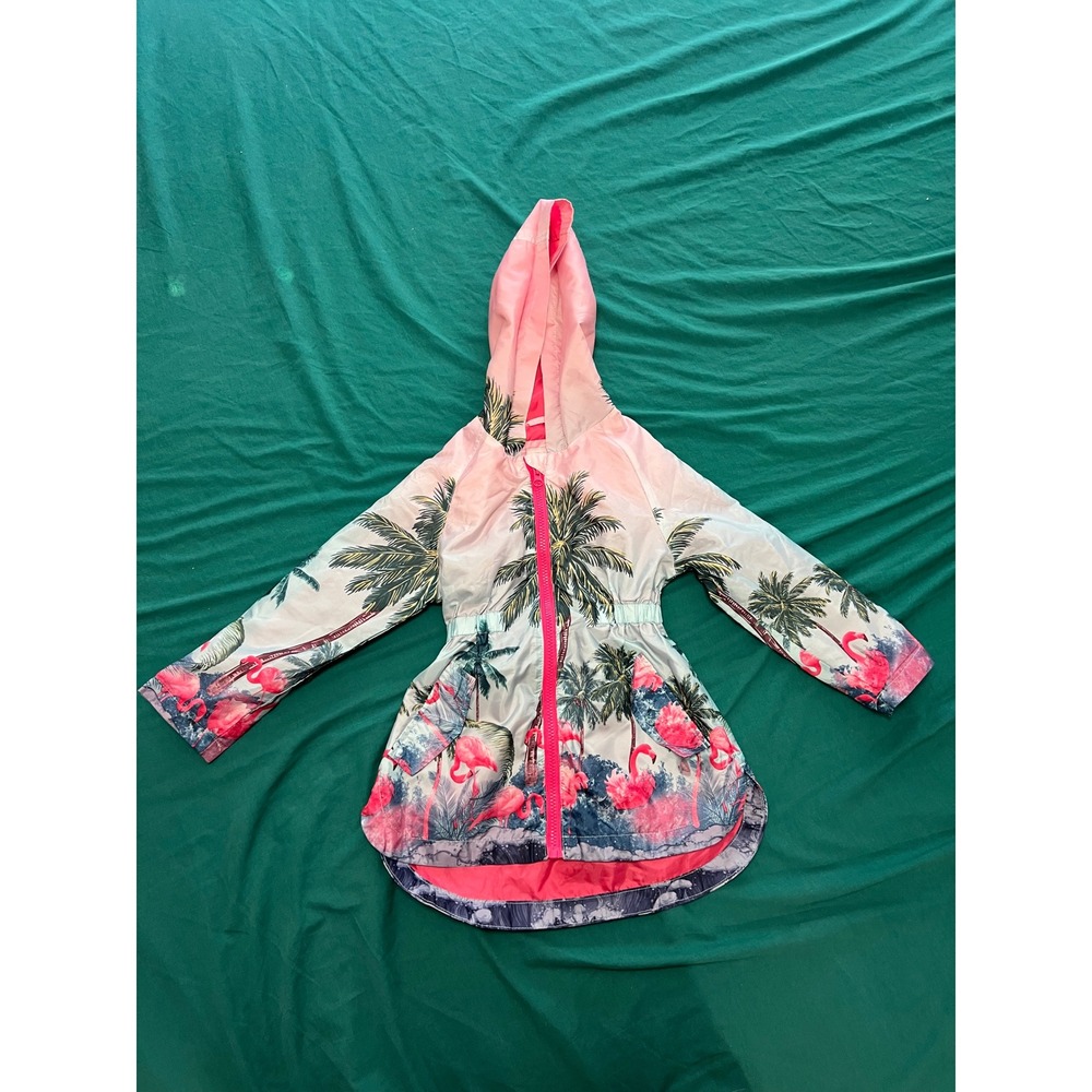 Tu Kids Flamingo Palm Tree Tropical Print Hooded Windbreaker Jacket Pink 3-4Y